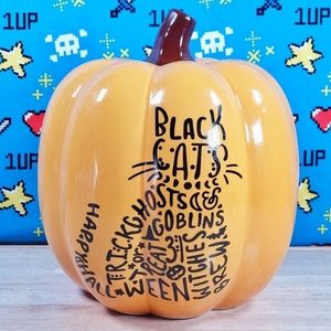 Halloween Holiday Black Cats, Witches & Goblins 8" Ceramic Pumpkin Decoration